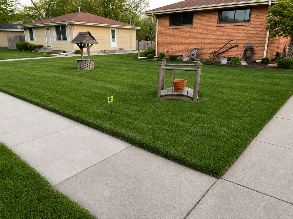 Freshly mown and neatly edged residential lawn beside a concrete footpath.